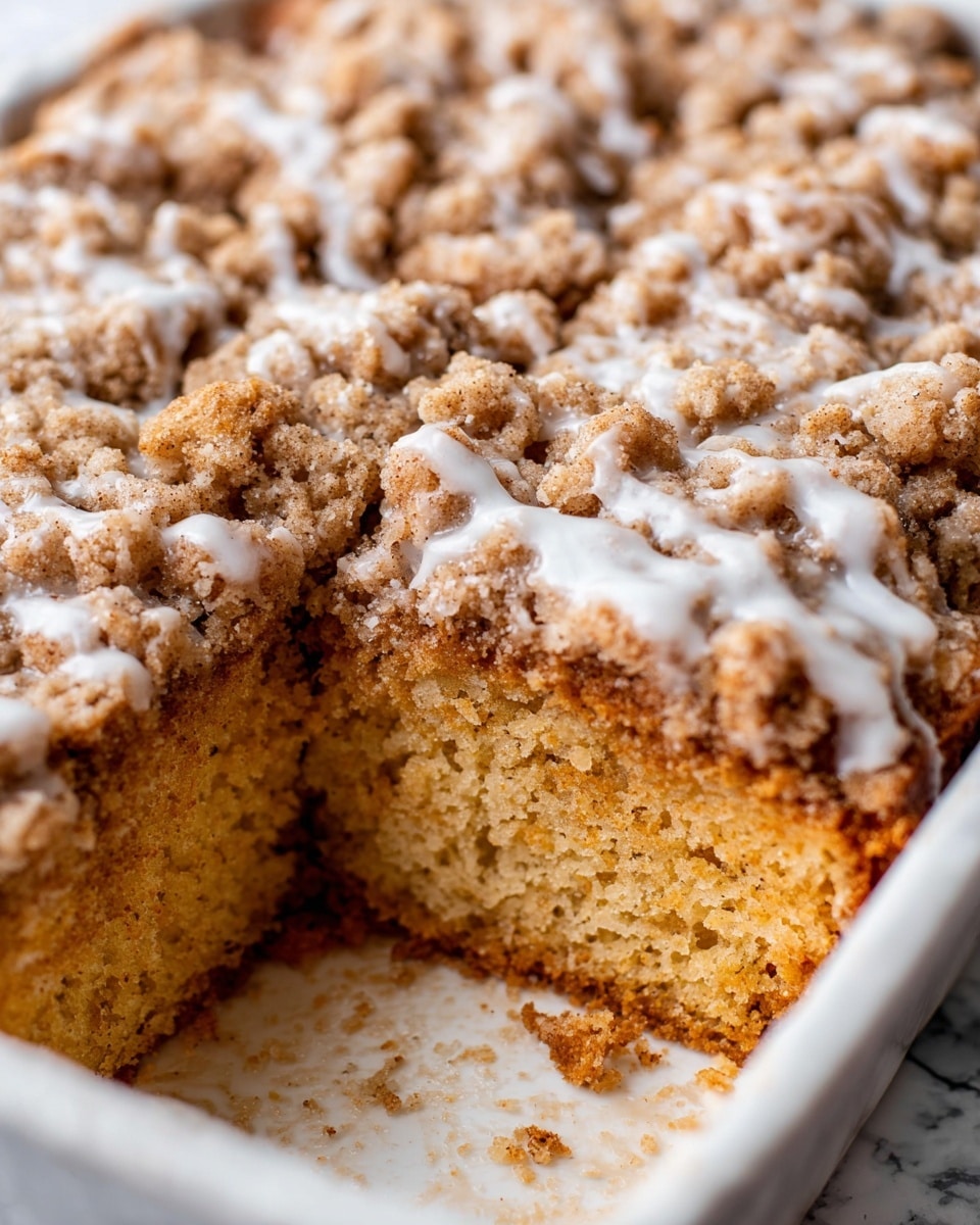 The image shows a square orange-brown coffee cake with two main layers: the bottom layer is moist and spongy with a rich orange color, and the top layer is a thick crumbly topping made of coarse brown streusel crumbles, which are uneven and textured. White glaze is drizzled unevenly over the streusel, adding contrast to the brown topping. The cake is in a white baking dish, and a piece has been taken out, showing the height and thickness of the layers. The surface underneath the dish is a white marbled texture. photo taken with an iphone --ar 4:5 --v 7