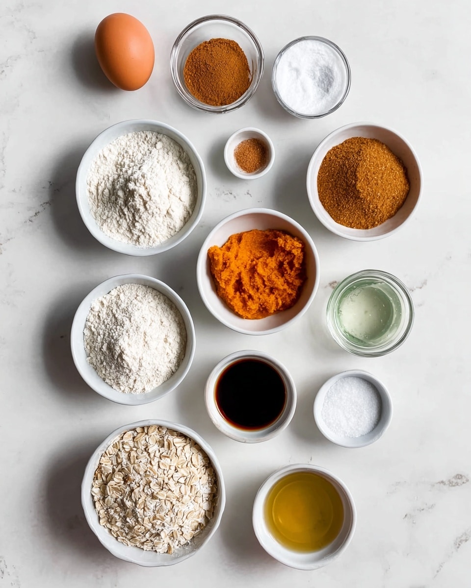 The image shows a flat lay of various baking ingredients arranged neatly on a white marbled surface. There are thirteen small white bowls and glass containers containing different powders, liquids, and pastes, including white powder, flour, brown sugar, oats, orange pumpkin puree, cinnamon, and maple syrup. An uncracked brown egg is placed on the left side of the frame, and small portions of baking soda, salt, and vanilla extract are in tiny white bowls. The ingredients are spaced evenly, creating an organized and clean composition. Photo taken with an iphone --ar 4:5 --v 7