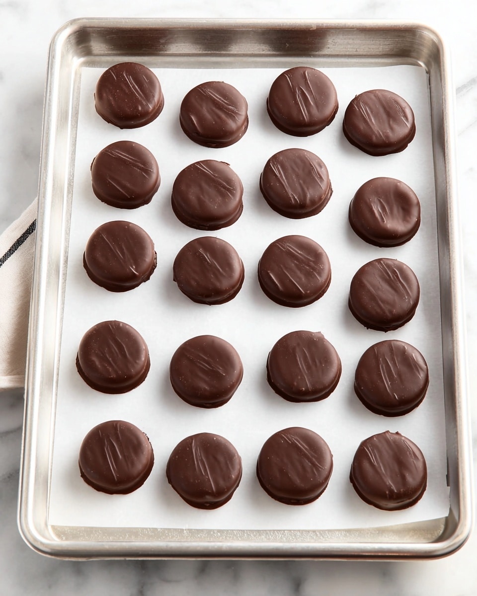 The image shows a metal baking tray lined with white parchment paper, holding 25 round chocolate-covered treats arranged in five rows of five. Each treat is smooth and glossy dark brown in color, with slight swirl patterns on the surface, giving them a handmade look. The tray is placed on a white marbled surface, and the treats have a uniform size with soft edges, suggesting a rich, dense filling inside the chocolate coating. The overall scene is clean and simple, highlighting the neat rows and shiny texture of the chocolate. Photo taken with an iphone --ar 4:5 --v 7