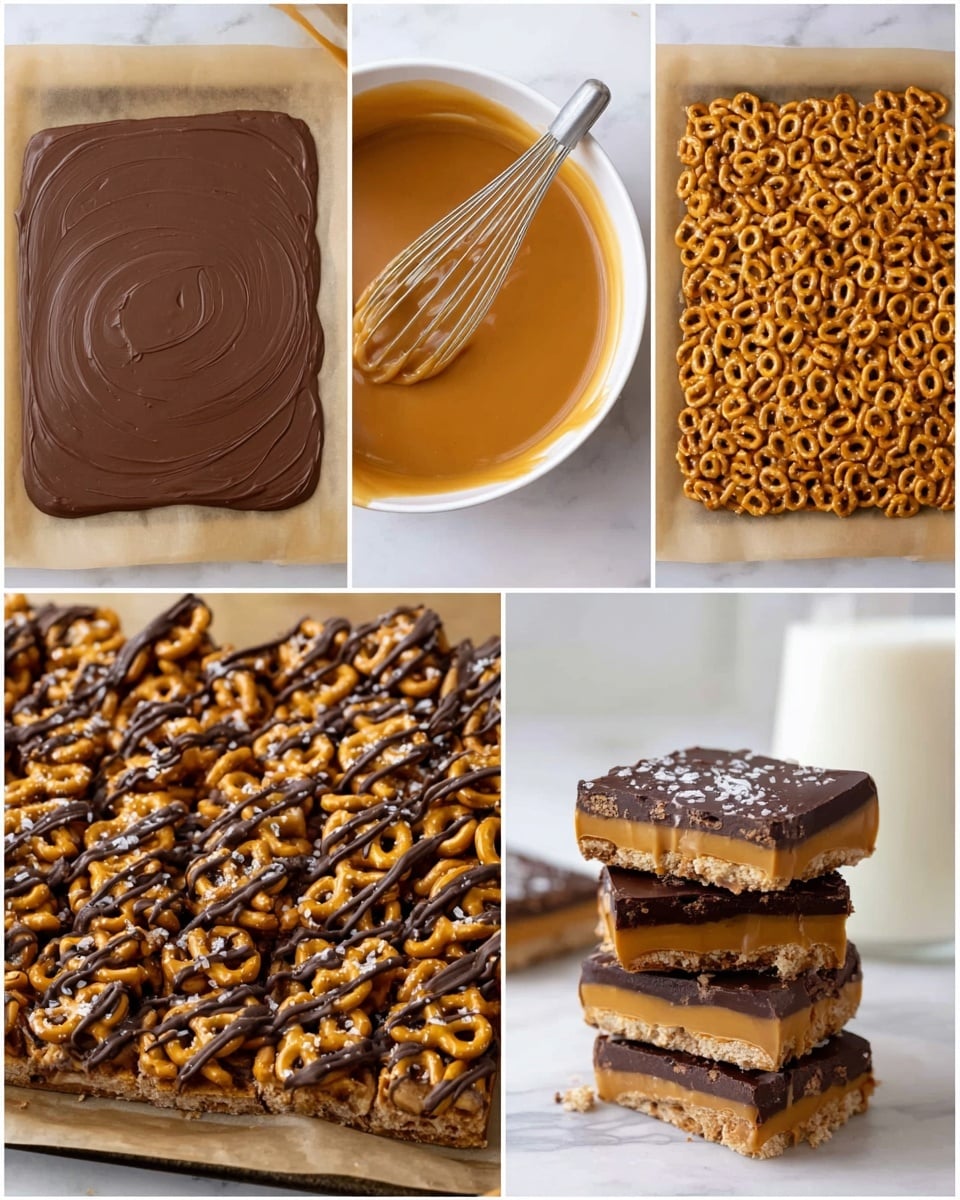 The image shows six photos demonstrating a recipe process and the final dish. The first layer is a smooth, rich dark brown chocolate spread evenly on parchment paper. The second layer is a dense covering of small pretzels, light golden brown in color, filling the entire chocolate base. The third photo shows a white bowl with a pale caramel or butterscotch colored smooth sauce, stirred with a small whisk. In the fourth photo, the pretzel layer is covered with this caramel sauce, giving a shiny amber texture over the golden pretzels. The fifth photo shows dark chocolate drizzled in thin lines over the caramel-pretzel layer, with some coarse salt flakes sprinkled on top. The last photo shows three pieces of the finished dessert stacked, each piece showing three clear layers: dark brown chocolate on the bottom, golden pretzels with caramel in the middle, and a dark chocolate drizzle on top, all on a white marbled surface with a glass of milk blurred in the background. Photo taken with an iphone --ar 4:5 --v 7