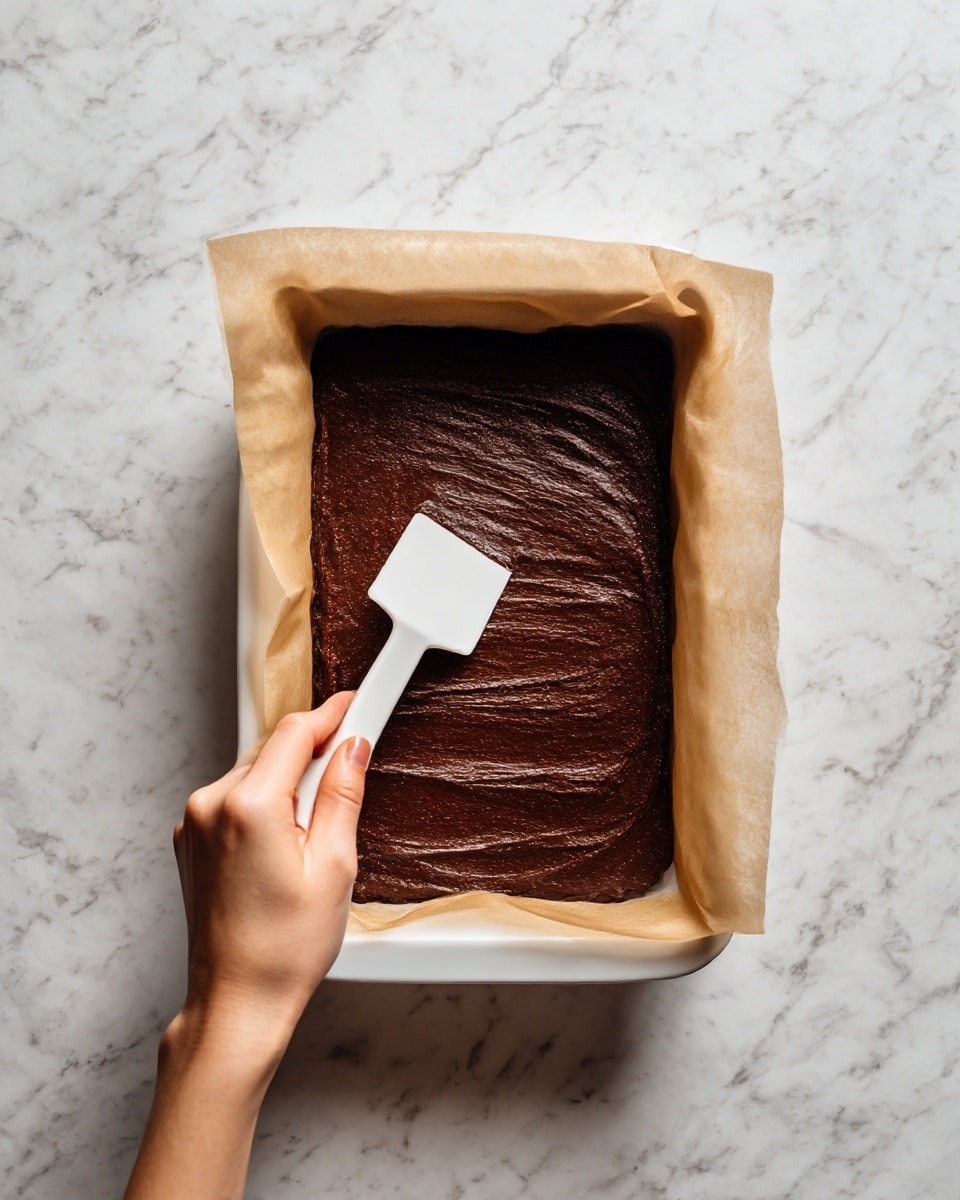 A white rectangular dish lined with light brown parchment paper holds one thick, even layer of dark brown chocolate batter being spread smoothly by a white spatula held by a woman's hand from the top left. The surface texture of the batter is slightly rough but smooth overall, filling the entire base of the dish. The dish is placed on a white marbled background. photo taken with an iphone --ar 4:5 --v 7