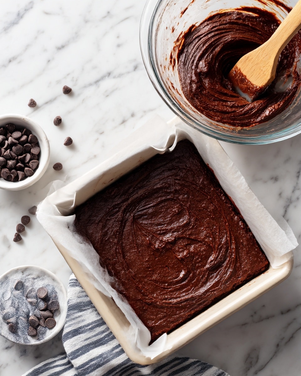 The image shows a square white baking pan lined with white parchment paper, filled with a thick, dark brown chocolate batter spread evenly to the edges, creating a slightly textured surface with visible swirls. Above the pan, there is a clear glass mixing bowl containing more of the chocolate batter with a wooden spatula resting inside it, showing creamy and dense texture with swirled patterns on the sides of the bowl. To the left of the pan, a small white bowl holds a few scattered dark chocolate chips with some chips spread around it on a white marbled surface. A white and navy striped cloth is partially visible under the pan on the bottom left corner. The photo taken with an iphone --ar 4:5 --v 7
