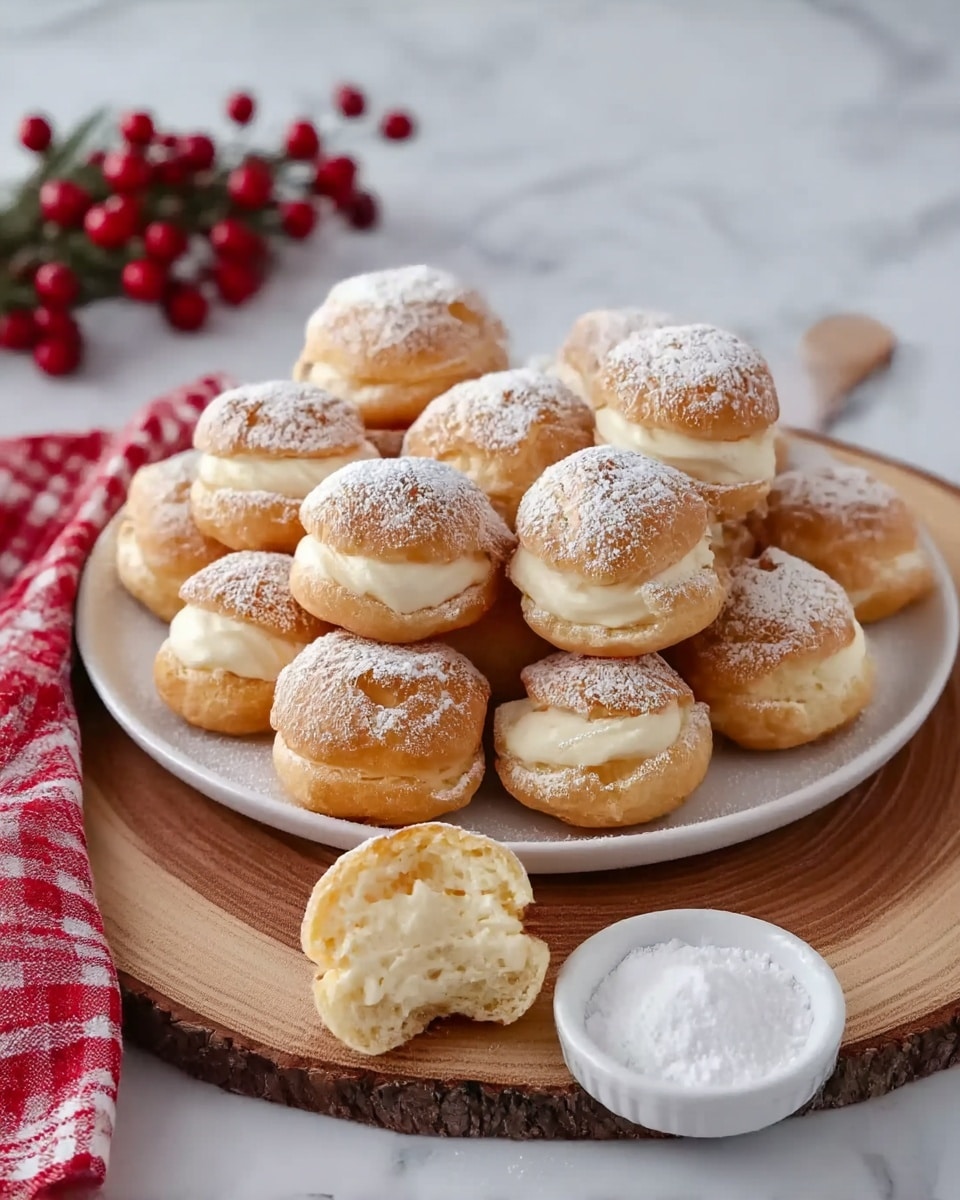 A round white plate filled with about a dozen cream puffs that have a light golden-brown color and are dusted with powdered sugar. Each cream puff has two puff layers with a creamy filling inside. The plate sits on a wooden round board with visible tree rings underneath on a white marbled surface. In front of the plate, there is one cream puff broken in half showing light cream inside, and a small white dish with powdered sugar next to it. A red and white checkered cloth is placed in the background with some small red berries. photo taken with an iphone --ar 4:5 --v 7