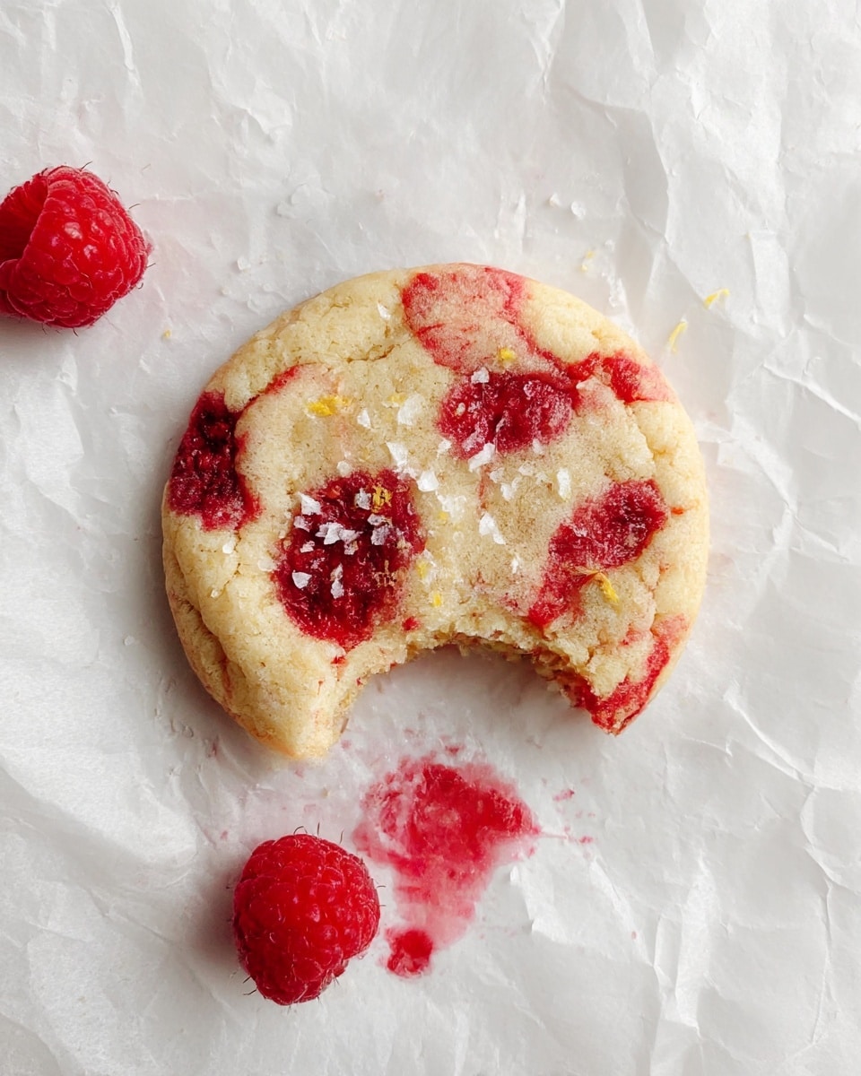 The image shows a single round cookie with a bite taken out from the top right side, lying on white crinkled parchment paper. The cookie has a soft, pale beige color with swirls of vibrant red raspberry spots spread unevenly throughout, giving it a marbled look. On top of the cookie, there are small crystals of coarse sea salt and tiny yellow zest specks. Around the cookie, there are two fresh raspberries, one near the top center and another near the bottom left, with a faint raspberry juice smear below the bottom raspberry. The background is a white marbled texture. photo taken with an iphone --ar 4:5 --v 7