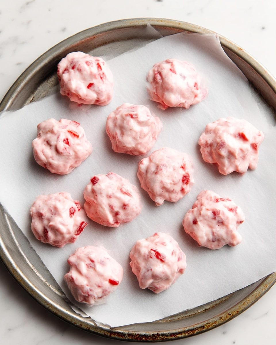There are ten small, uneven pink dollops with visible red chunks spread out on a round, metal baking tray lined with white parchment paper. Each dollop is roughly circular and has a soft, creamy texture with bits of red fruit mixed in, giving the pink color some variation. The tray is slightly worn and placed on a white marbled surface. photo taken with an iphone --ar 4:5 --v 7
