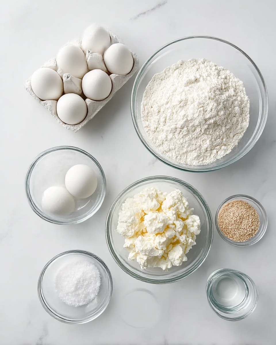 The image shows six clear glass bowls and a carton of six white eggs on a white marbled surface. The largest bowl at the top right is filled with white flour with a soft, powdery texture. Below it, a medium bowl contains chunky white cottage cheese. Next to it, a very small bowl holds fine white salt, and another small bowl beside it has light brown yeast granules. To the right of these, a tiny glass container has clear water. The eggs are in a white carton at the top left, each egg smooth and white. The setup is neat and evenly spaced, all ingredients clearly visible and ready for mixing. Photo taken with an iphone --ar 4:5 --v 7