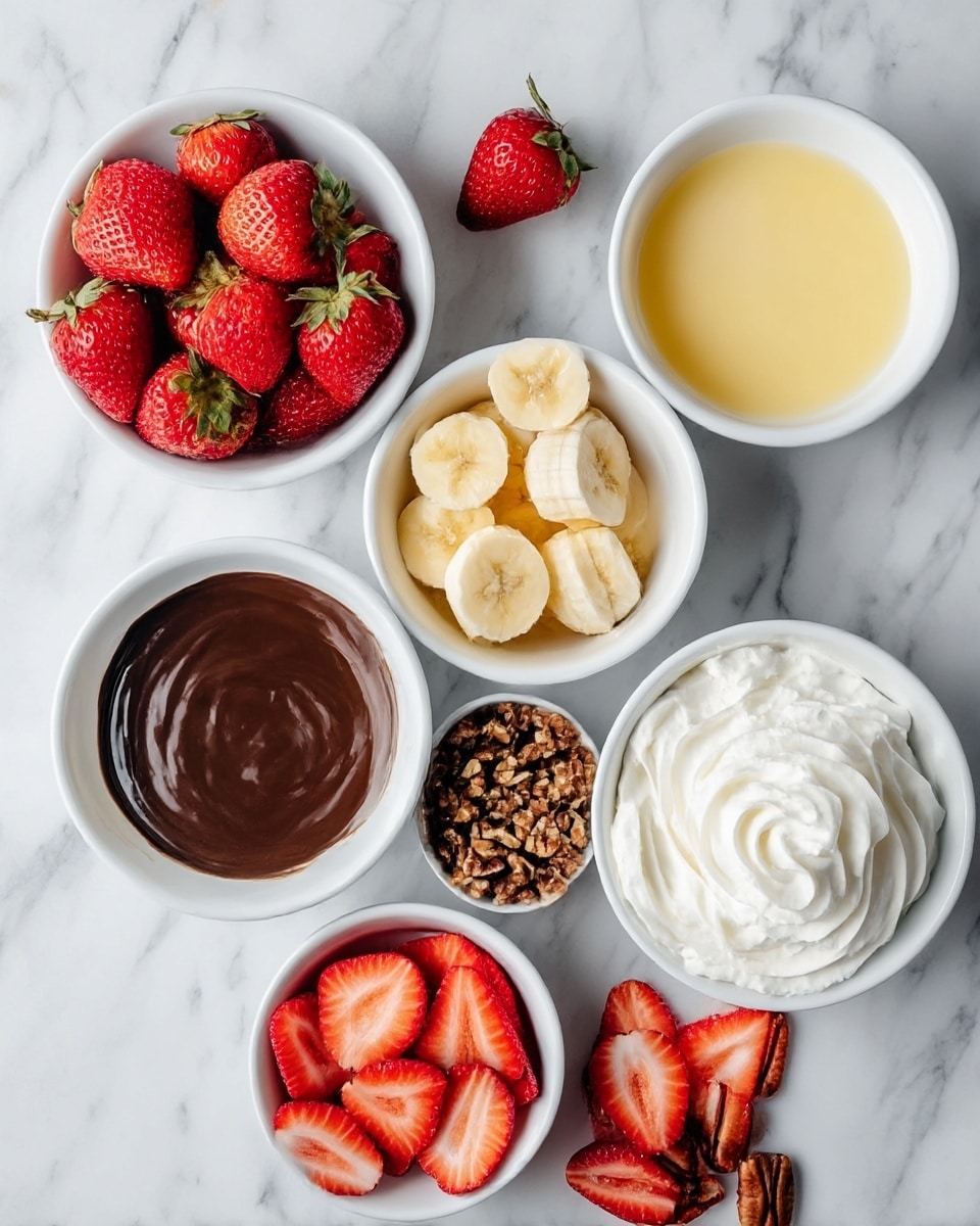 The image shows eight white bowls arranged neatly on a white marbled surface. The bowls contain different ingredients: one bowl is full of whole red strawberries with green tops; two bowls have banana slices that are light yellow with soft texture; one bowl holds dark brown chocolate sauce with a smooth surface and slight shine; another bowl contains a pale yellow liquid smooth in texture; one bowl is filled with white whipped cream with a fluffy swirl top; one small bowl contains chopped brown pecans; and on the surface next to the bowls is a small pile of sliced bright red strawberries with white centers. The colors are vibrant and fresh, with the white bowls and surface creating a clean, bright look photo taken with an iphone --ar 4:5 --v 7