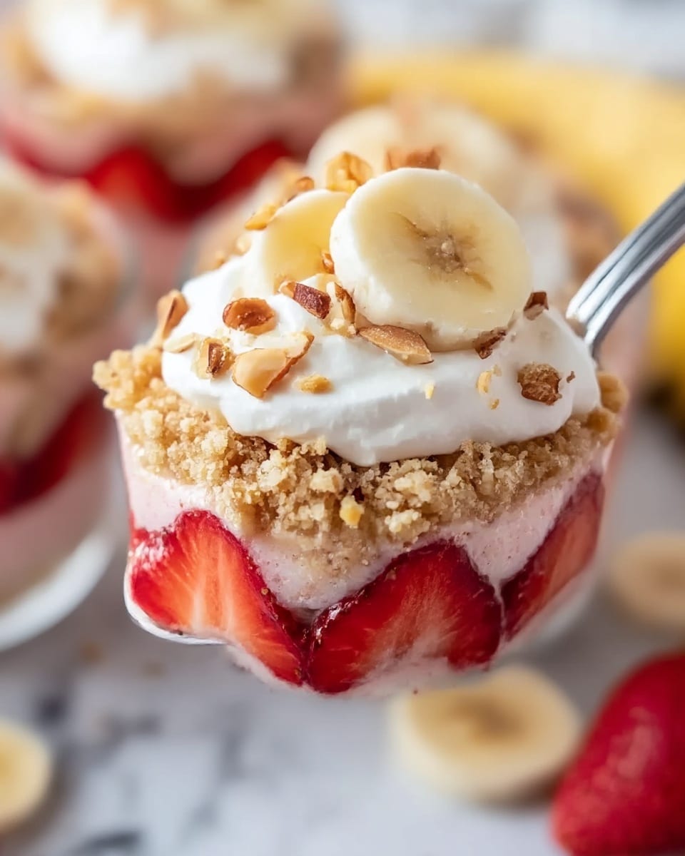 A close-up of a clear spoon holding a layered dessert shows three layers: the bottom layer is light pink with small soft textures, the middle layer is made of thick red strawberries, and the top layer is light brown crumble followed by a fluffy white cream dollop topped with chopped nuts. In the background, there is a white marbled texture with blurred similar desserts and banana slices. The light softens the cream and makes the colors of the fruit pop. photo taken with an iphone --ar 4:5 --v 7