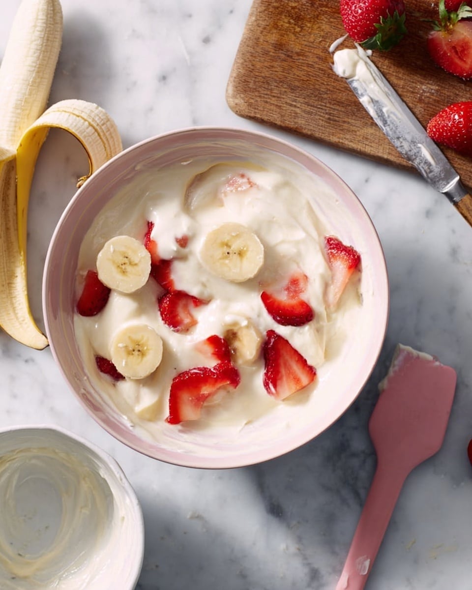 A white bowl filled with a creamy mixture that has a smooth, thick texture, containing visible slices of red strawberries and light yellow banana pieces spread throughout. The bowl is placed on a white marbled surface next to a wooden cutting board with strawberry tops and banana peel. Nearby is a white spoon rest with some cream on it and a pink spatula lying on the surface. Photo taken with an iphone --ar 4:5 --v 7