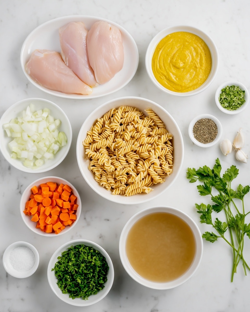 The image shows a top view of various cooking ingredients arranged neatly on a white marbled surface. At the center, there is a white bowl filled with dry curly egg noodles, light brown and twisted in shape. Above it, slightly to the left, is a white plate with three pale pink raw chicken fillets laid flat and overlapping each other. To the right is a white bowl filled with smooth, bright yellow mustard. Below the mustard, another white bowl holds diced white onions, with a small bunch of fresh green parsley placed near the bottom right. To the left of the onions, a white bowl contains bright orange chopped carrots, while directly below the central bowl of noodles, there's a white bowl of light brown chicken broth. On the lower left, small white bowls hold chopped green celery, white cream, salt, black pepper, and dried green herbs respectively. At the top right, three pale garlic cloves complete the arrangement, with a few sprigs of fresh parsley in the top left corner. All elements rest on the white marbled background creating a clean and fresh presentation photo taken with an iphone --ar 4:5 --v 7