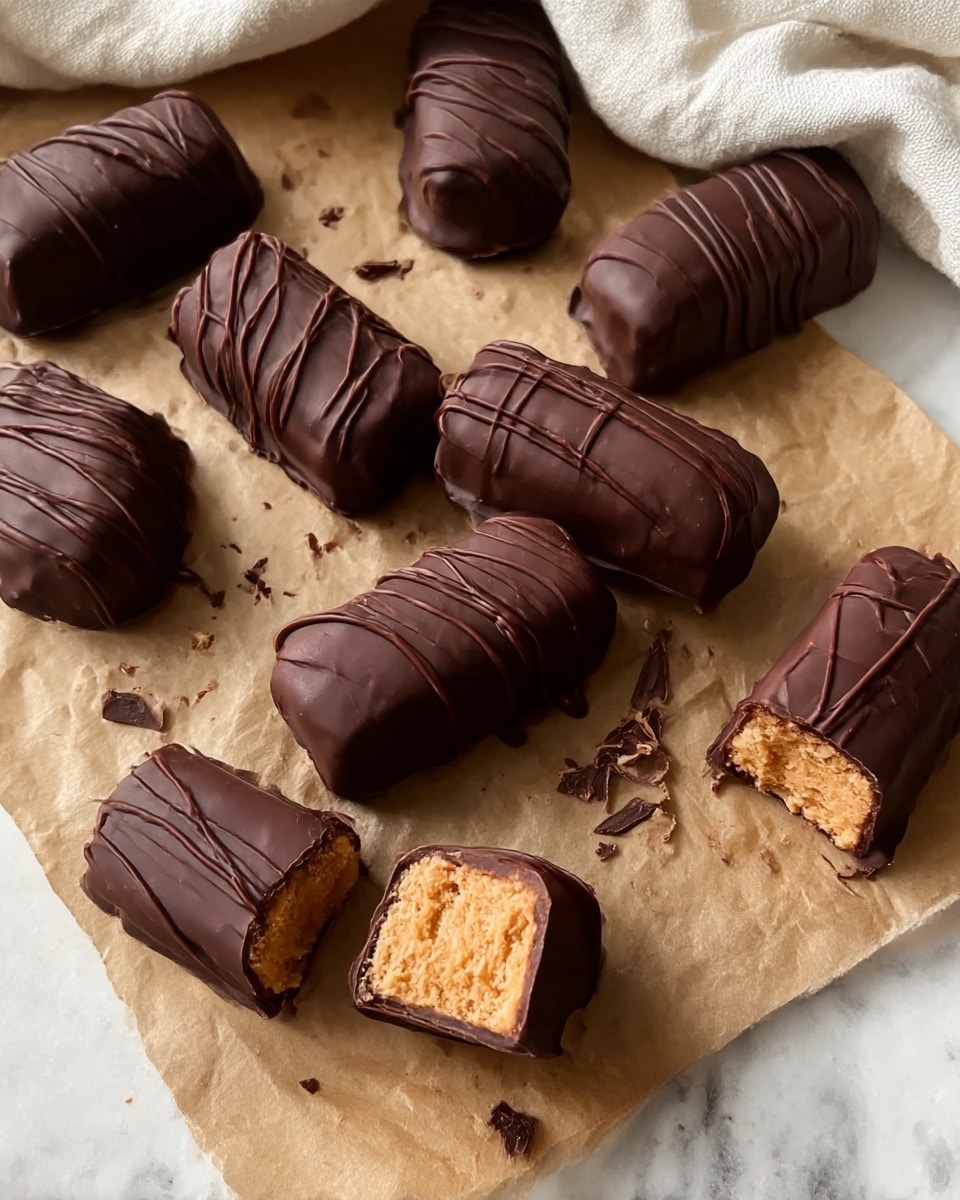 The image shows several small rectangular chocolate-covered treats placed on brown parchment paper over a white marbled surface. Each treat has a thick dark chocolate coating with irregular chocolate lines drizzled over the top. Some of the treats are whole, while others are cut in half, revealing a dense light brown peanut butter-colored filling inside. The chocolate coating looks smooth and firm, with small bits of chocolate scattered around the paper. The scene includes part of a white cloth next to the parchment. Photo taken with an iphone --ar 4:5 --v 7
