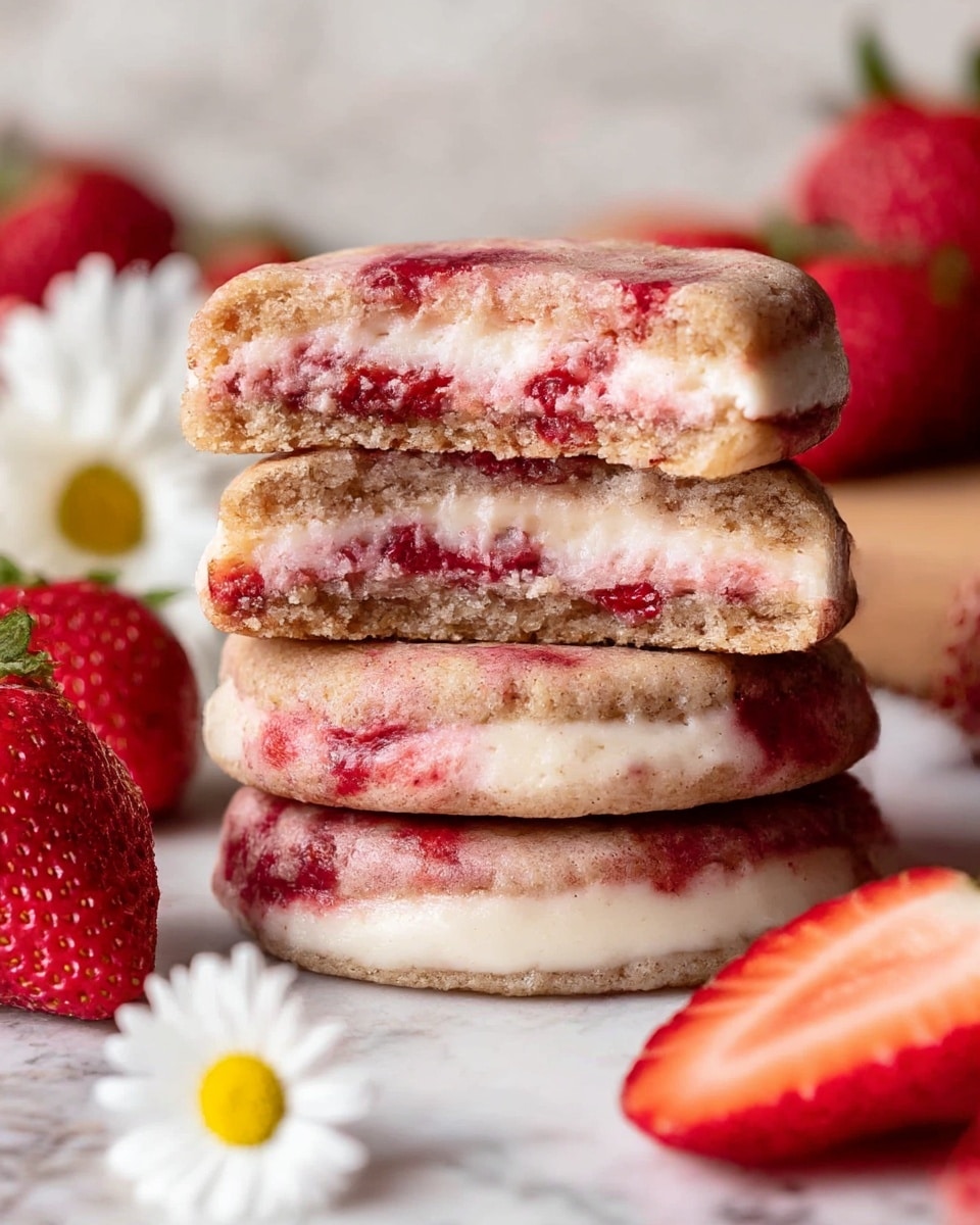 The image shows a close-up of a stack of three round cookies with three visible layers each: a light brown crumbly base, a thick white creamy middle, and a pinkish top layer with red strawberry bits mixed inside. The cookies have a soft texture with uneven red streaks on the surface. Around the stack are whole and sliced strawberries, and a small white daisy flower is near the bottom. The background is a white marbled texture. Photo taken with an iphone --ar 4:5 --v 7