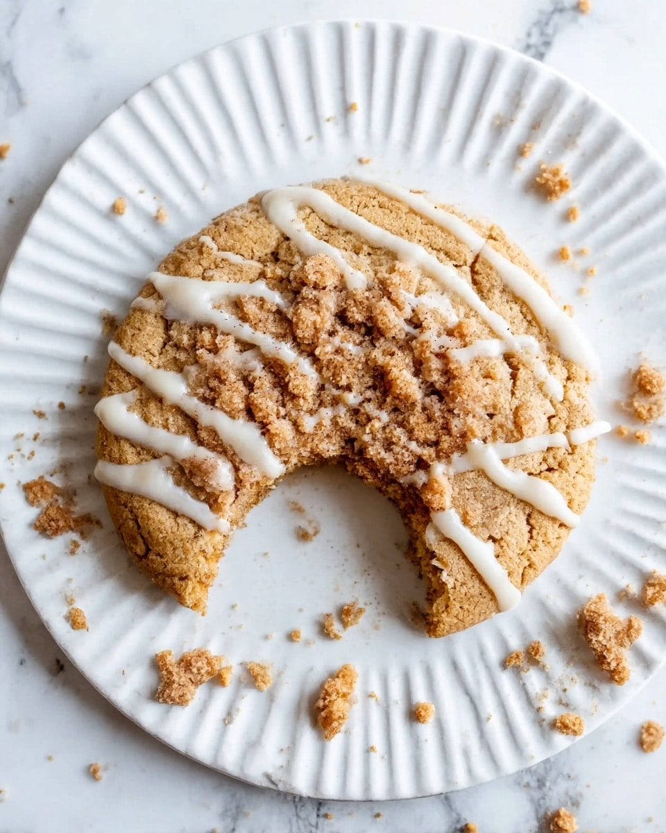 A round cookie with a light brown color is placed in the middle of a white plate with ridged edges. The cookie has a bite taken out of its side and is topped with a crumbly, darker brown streusel layer in the center. White icing is drizzled over the crumbly topping and the cookie surface in thin lines. Small crumbles are scattered around the cookie on the plate and on a white marbled surface under the plate. Photo taken with an iphone --ar 4:5 --v 7
