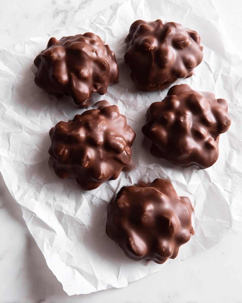 Five unevenly shaped chocolate clusters rest on crumpled white parchment paper placed on a white marbled surface. Each cluster has a shiny, dark brown chocolate coating with a smooth but slightly bumpy texture showing small bulges and ridges. The clusters vary in size and shape, some round and some more irregular, with soft reflections highlighting the glossy chocolate surface. photo taken with an iphone --ar 4:5 --v 7