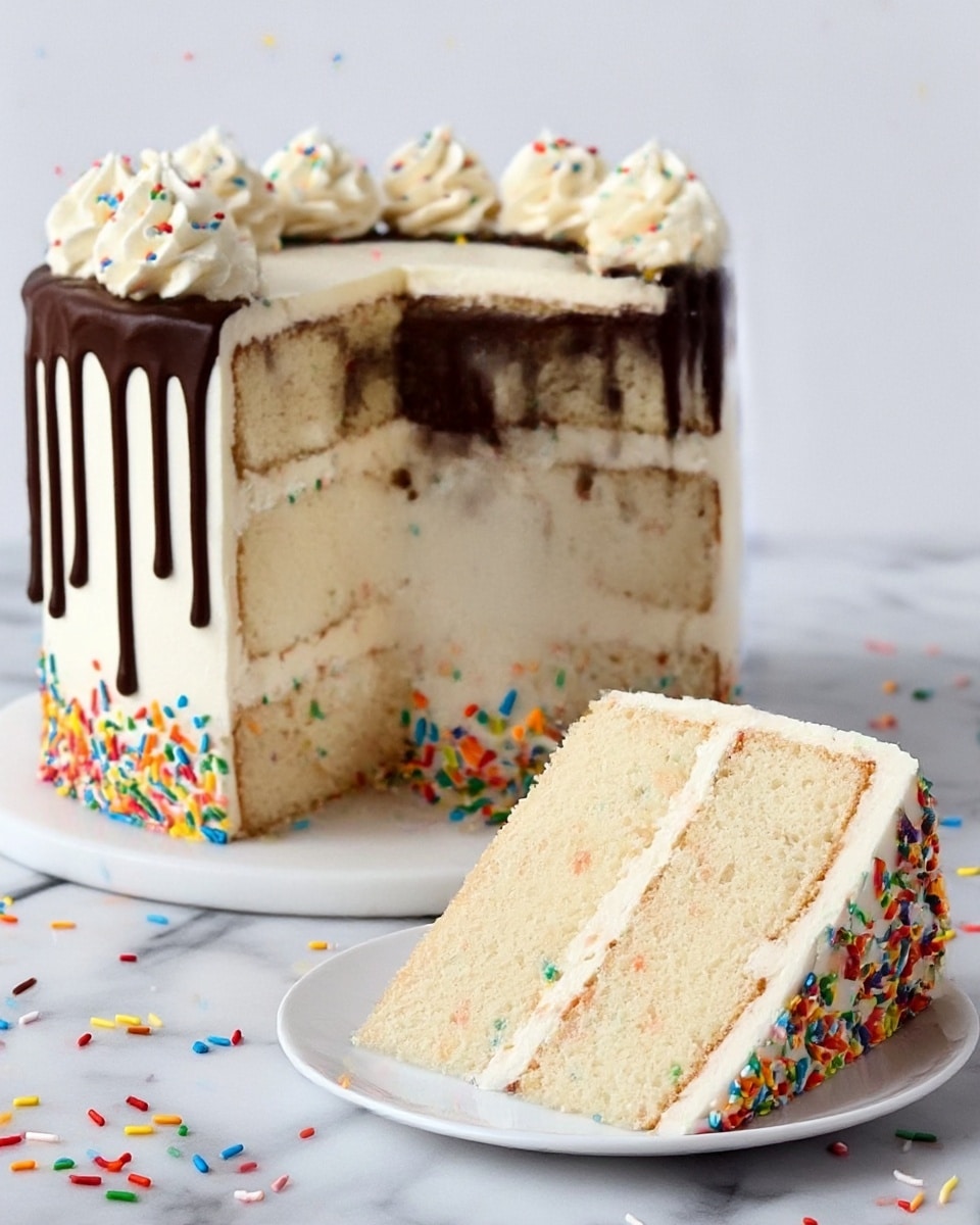 A tall, round cake with three thick layers of light cream-colored sponge separated by thin cream layers is shown on a white marble surface. The outside of the cake is covered smoothly with white cream frosting and decorated at the bottom half with colorful, small, round sprinkles in red, yellow, blue, green, and orange. Dark chocolate glaze drips from the top edge down the sides, adding contrast. The top edge of the cake is decorated with white cream swirls, each topped with a tiny amount of sprinkles. Beside the cake, on a small white plate, is a thick slice showing the cake’s three layers and smooth texture. Sprinkles are scattered around the cake and plate on the white marble surface. Photo taken with an iphone --ar 4:5 --v 7