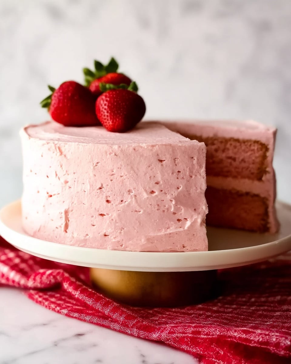 A pink layered cake with smooth, light pink frosting covering the outside and between the two thick layers of cake. The frosting has a soft, creamy texture and the cake looks moist. On top, there are three whole strawberries with green leaves, placed close together as decoration. The cake is on a white plate with a wooden base, sitting on a red checkered cloth. The background is a white marbled surface. photo taken with an iphone --ar 4:5 --v 7