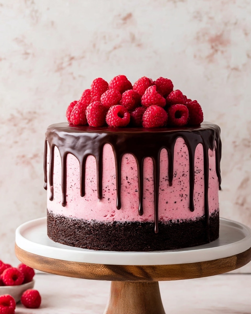 A tall round cake sits on a white cake stand with a wooden base against a white marbled texture background. The cake has three visible layers: the bottom layer is dark chocolate, the middle and top layers are covered with pink frosting mixed with small dark specks. Over the pink frosting, a dark chocolate glaze drips down from the top, creating smooth, thick drips all over the sides. On top of the cake, there is a large pile of fresh, bright red raspberries. Photo taken with an iphone --ar 4:5 --v 7
