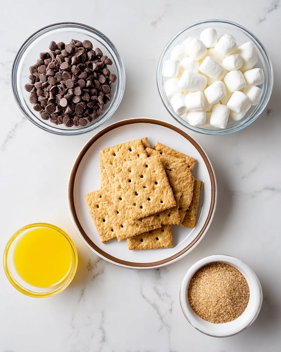 The image shows five items arranged on a white marbled surface. In the center, there is a white plate with a brown rim holding a pile of light brown square crackers with small holes. Above the plate to the left, there is a round clear bowl filled with a large amount of small dark brown chocolate chips. To the right of this, another round clear bowl is filled with many small white marshmallows. Below and left of the plate is a small clear glass filled with bright yellow melted butter. To the right of the butter is a small white cup filled with light brown sugar that looks soft. The setup is simple and clean, with each item clearly visible and neatly placed. photo taken with an iphone --ar 4:5 --v 7