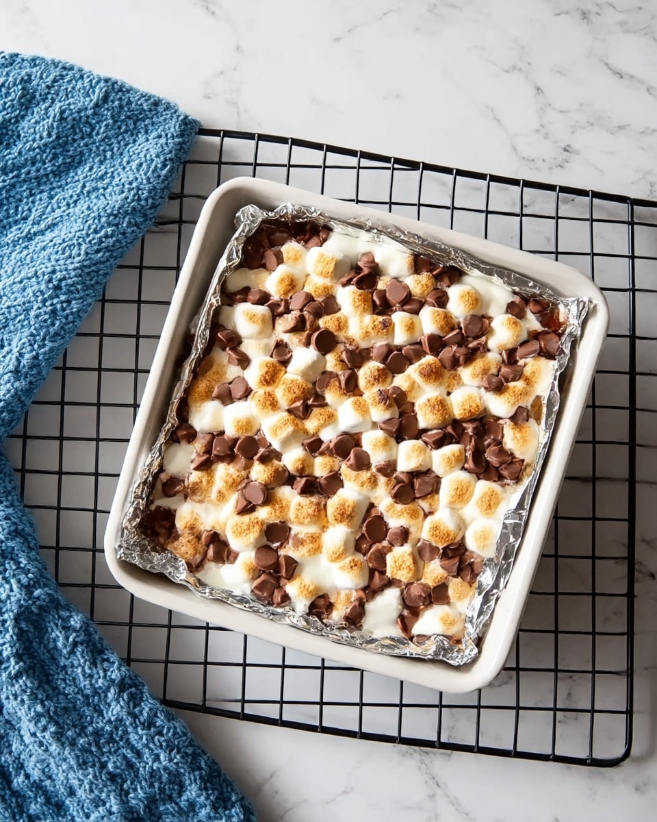 A square white bowl is lined with shiny silver foil filled with a layer of white melted marshmallows, some toasted golden brown on top, covered unevenly with a thick layer of milk chocolate chips. The bowl rests on a black metal cooling rack placed on a white marbled surface with a blue knitted cloth folded on the bottom left corner of the frame. Photo taken with an iphone --ar 4:5 --v 7