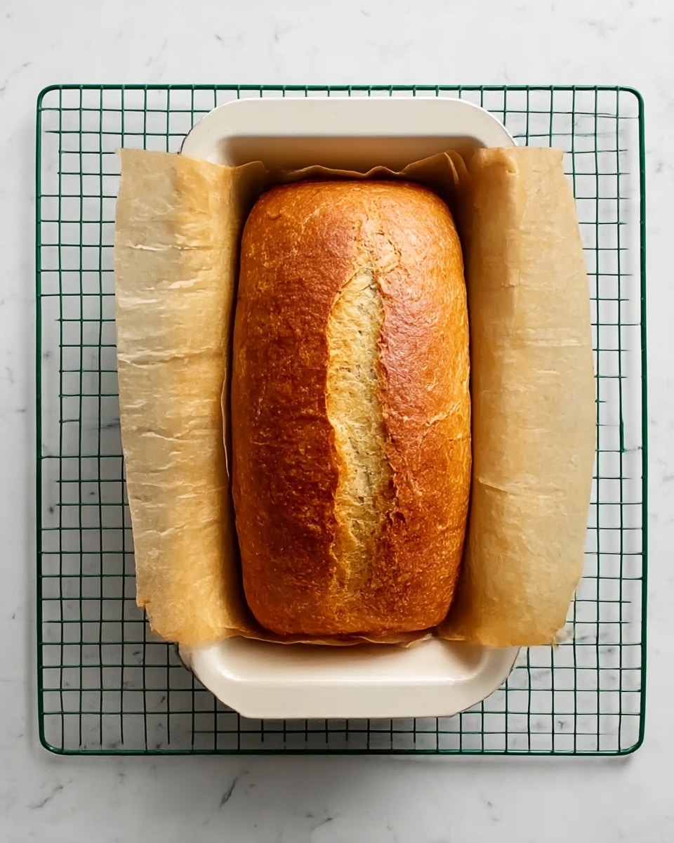 A rectangular loaf of bread with a golden brown top resting inside a parchment-lined white loaf pan. The loaf has a slightly cracked top surface with a smooth texture and subtle browning. The pan sits on a green wire cooling rack, all positioned on a white marbled surface. photo taken with an iphone --ar 4:5 --v 7