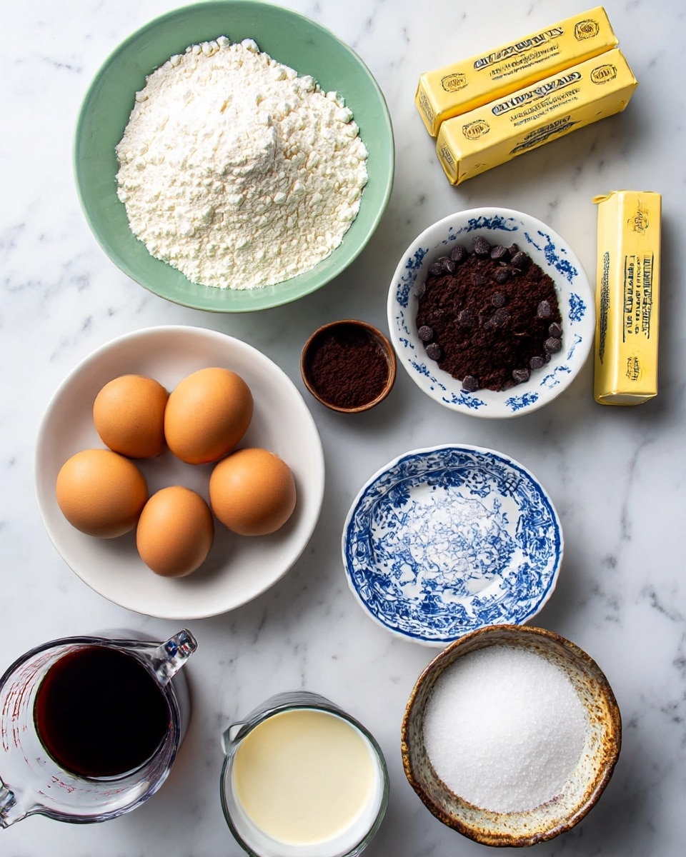 The image shows various baking ingredients arranged on a white marbled surface. There is a white bowl filled with three brown eggs in the center. To the left, a green bowl contains white flour with a small mound of baking powder on top. Above the flour, a small brown cup is filled with dark cocoa powder. Beside the cocoa powder, a small white bowl with blue patterns holds many dark chocolate chips. To the right of the eggs, two sticks of salted butter wrapped in yellow packaging sit side by side. Below the butter, a glass measuring cup contains dark coffee. Near the bottom left, a sour cream container with a blue and yellow label is placed next to a small blue and white bowl holding vanilla extract. A rustic bowl filled with white granulated sugar is at the bottom right of the image. photo taken with an iphone --ar 4:5 --v 7
