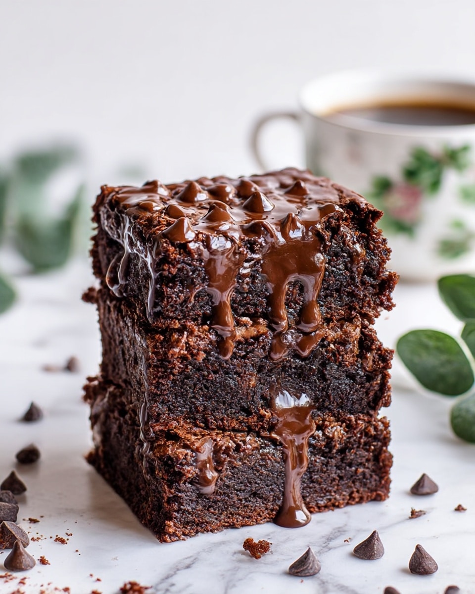 The image shows a thick stack of three rich chocolate brownies with melted chocolate chips oozing between each layer and on the sides, creating a shiny, smooth texture over the crumbly dark brown surface. The brownies rest directly on a white marbled surface scattered with small chocolate chips and crumbs. In the blurry background, there is a white cup with a floral pattern filled with dark coffee and some green leaves adding a fresh touch. The photo was taken with an iphone --ar 4:5 --v 7