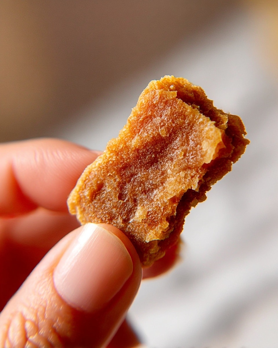 A close-up image shows a small, square snack held between a woman's thumb and forefinger. The snack has a rough, crunchy texture with a golden brown color and slight unevenness on its edges, showing its crispiness. The background is a smooth, soft blur of neutral tones with a white marbled texture below. The lighting highlights the snack’s detailed surface texture and the natural lines of the woman's fingers. photo taken with an iphone --ar 4:5 --v 7