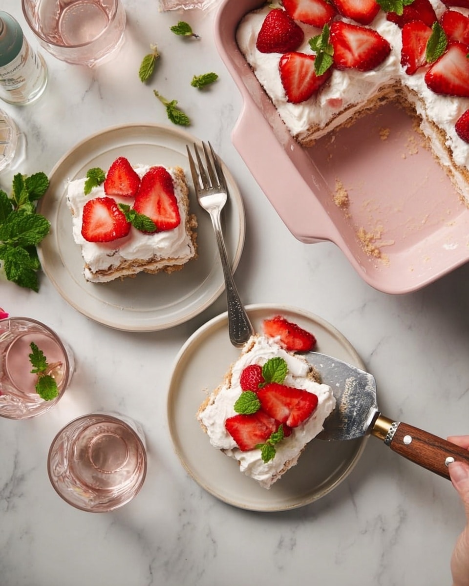 A pink square baking dish holds a three-layer dessert with a light brown base, a middle layer of creamy white filling, and a thick top layer of white whipped cream topped with fresh red strawberry slices. Two white plates each have a square piece of the dessert with three strawberry slices on top and a small green mint leaf, with silver forks resting beside the dessert on the plates. The scene is set on a white marbled surface with two clear glasses filled with a pale pink drink, a small bottle, and a green mint sprig in the corner. A woman's hand with a spatula is visible lifting one piece from the baking dish. Photo taken with an iphone --ar 4:5 --v 7