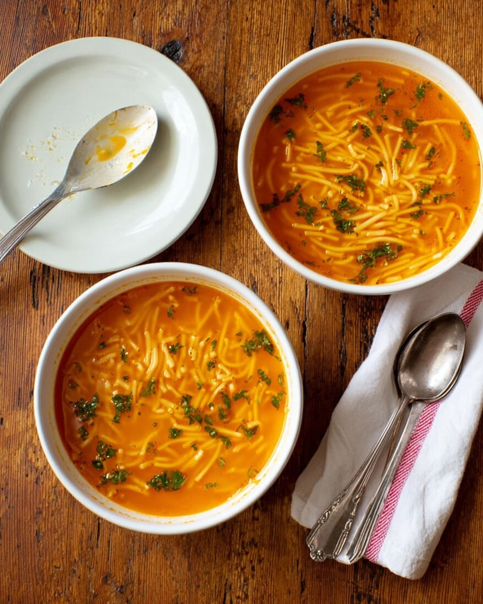Two white bowls filled with bright orange soup containing thin, short noodles are placed on a rustic wooden table. The soup has small green herb pieces sprinkled on top in uneven patches. Below the bowls, there is an empty white plate with a large spoon resting on it, its bowl facing up and showing some soup residue. To the right side of the image, a white napkin with a pink stripe is folded neatly, and a shiny silver spoon lies on it. The photo taken with an iphone --ar 4:5 --v 7
