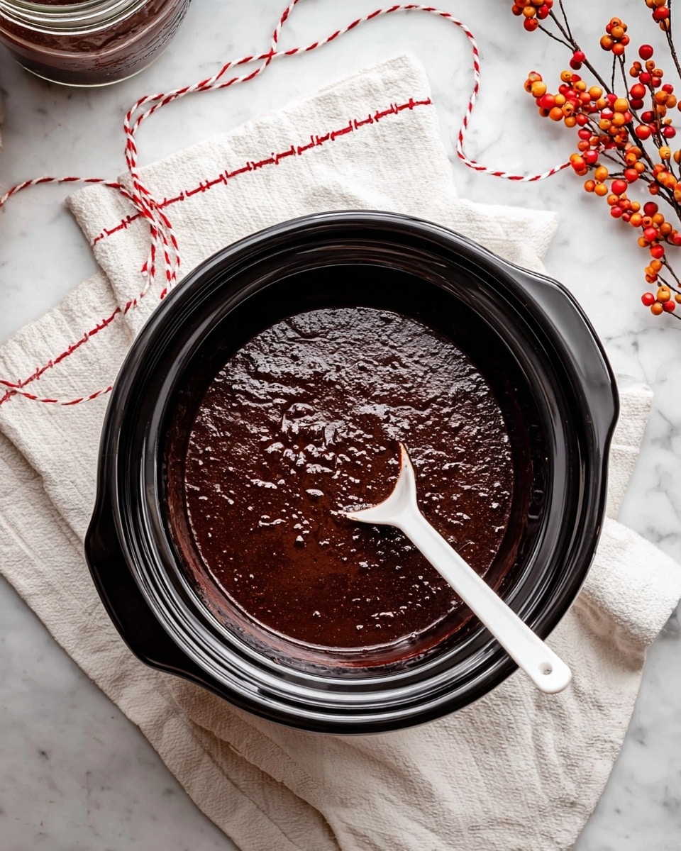 The image shows a black crockpot filled with a thick, dark brown chocolate mixture that has a slightly lumpy texture, suggesting a rich batter or sauce. A white spoon rests in the crockpot, coated with the chocolate mix. The crockpot is placed on a white marbled surface with a white cloth that has red stitching on the edge and a string of red and white twine nearby. There is a jar partially visible in the top left corner and some small branches with red and orange berries on the right, adding a touch of color to the scene. Photo taken with an iphone --ar 4:5 --v 7