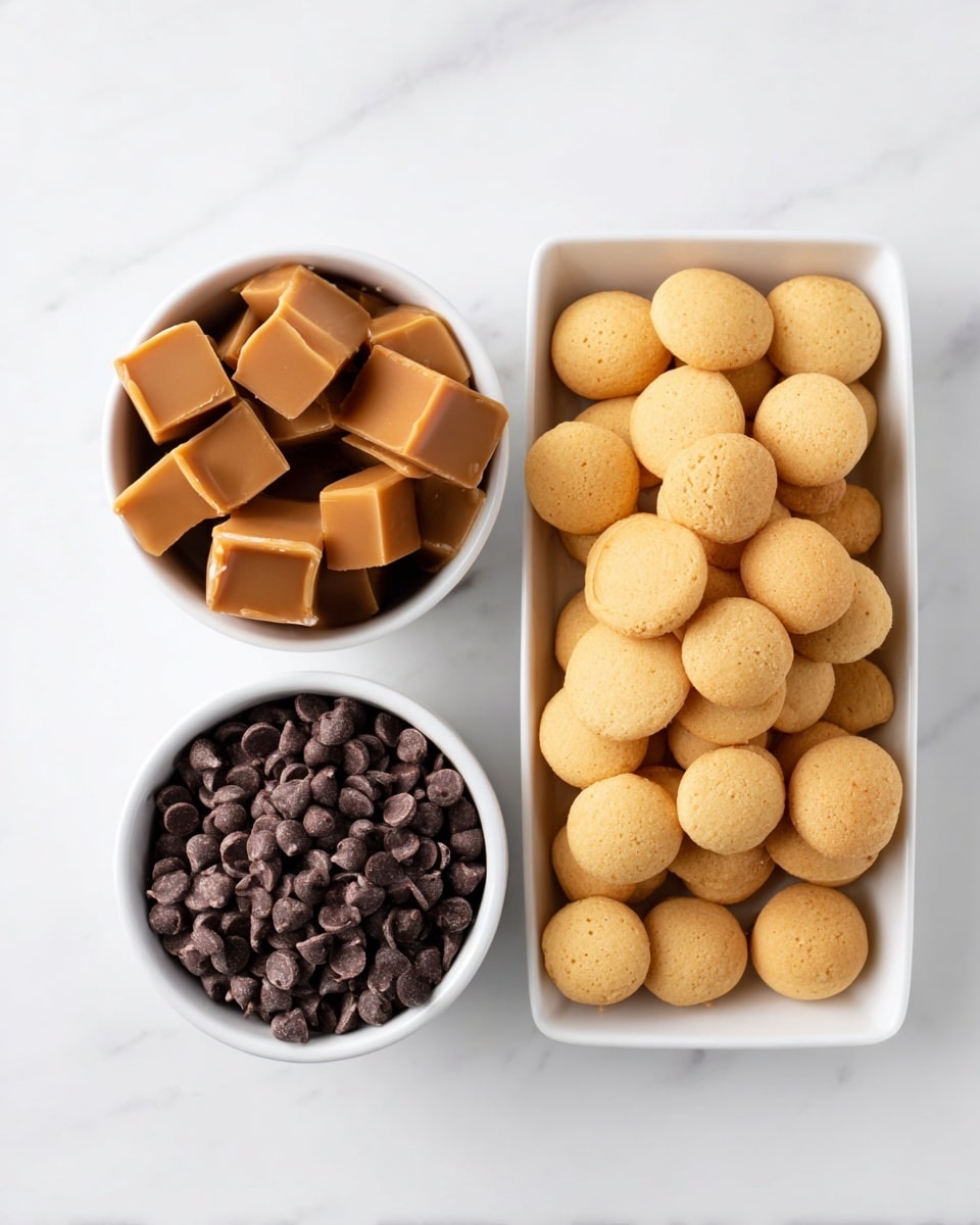 A white rectangular dish on the right holds a neat pile of small, round, light golden cookies with a smooth texture. To the left, two small white bowls are arranged vertically; the top bowl is filled with smooth, square caramel pieces in a warm brown shade, and the bottom bowl is filled with dark brown chocolate chips that have a slightly shiny surface. All items are placed on a white marbled surface. photo taken with an iphone --ar 4:5 --v 7