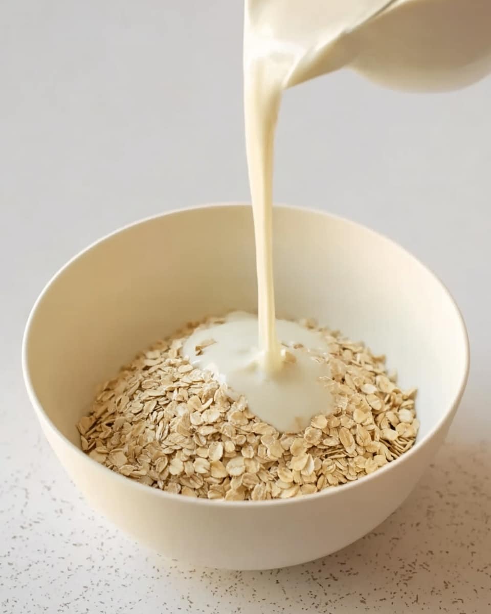 The image shows a white bowl filled with a layer of light brown rolled oats as the bottom layer. On top of the oats, there is a smooth white creamy liquid being poured from above, covering part of the oats. The white marbled surface in the background contrasts softly with the bowl, highlighting the pouring motion and textures of the oats and cream. photo taken with an iphone --ar 4:5 --v 7