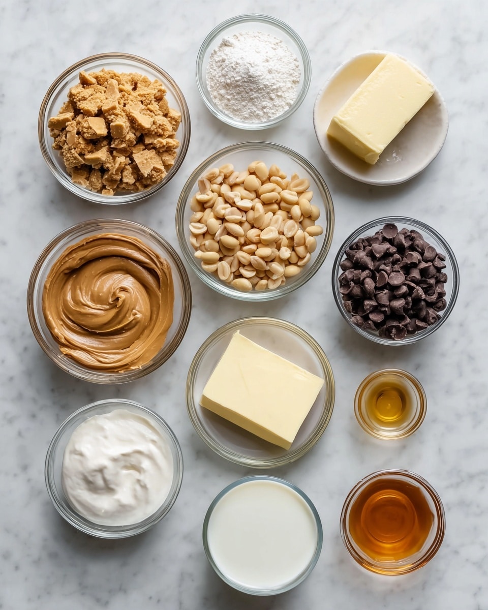 The image shows ten small glass bowls arranged on a white marbled surface, each filled with different ingredients. Starting from the top left, a bowl contains a thick layer of light brown crushed peanut brittle pieces. To its right, a bowl holds a solid pale yellow block of butter. Below the peanut brittle, there is a bowl filled with whole, light brown peanuts. Next to the peanuts is a bowl tightly packed with small dark brown chocolate chips. Below the chocolate chips, a bowl is filled with a white powdery ingredient, likely powdered sugar. Moving leftward, a bowl contains a smooth, glossy light brown peanut butter spread with visible swirls on top. Above it is a bowl filled with a thick, white cream. Below the peanut butter bowl, a solid pale yellow block of butter rests on a small white plate. To the right of the butter plate, there is a small bowl with a clear amber liquid. Finally, at the bottom left, a bowl contains a light beige creamy liquid, and beside it to the right is a bowl of white milk. The composition is neat, and the ingredients' textures and colors create a balanced and inviting look photo taken with an iphone --ar 4:5 --v 7