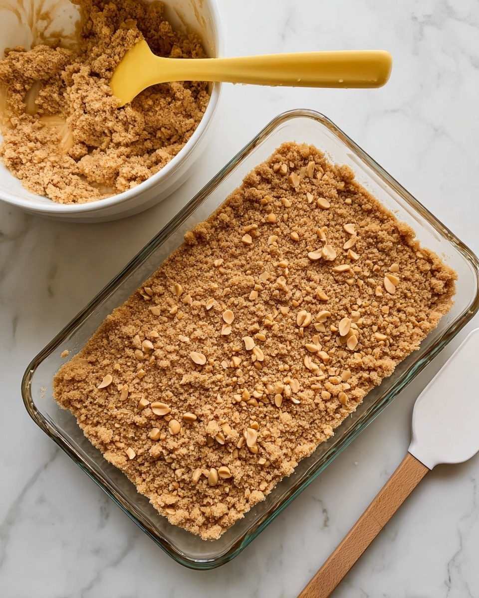 A rectangular glass baking dish filled with a thick, even layer of light brown crumbly topping sprinkled with small pieces of chopped peanuts on top, sitting on a white marbled surface. Next to the dish is a white mixing bowl partially filled with the same crumbly peanut mixture and a yellow spatula resting inside. Beside the bowl is a white spatula with a wooden handle lying flat on the surface. The scene shows a simple, clean setup with the focus on the baking dish and the topping mixture photo taken with an iphone --ar 4:5 --v 7