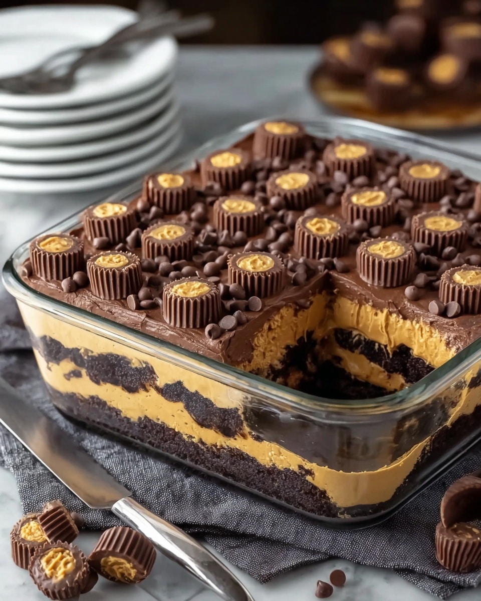 A square glass dish filled with a layered dessert showing three clear layers: dark chocolate cake at the bottom, a thick golden peanut butter layer in the middle, and a chocolate layer on top. The top is decorated with small chocolate peanut butter cups evenly spaced, and sprinkled with mini chocolate chips all over. One big corner piece is missing, showing the inside layers clearly. The dish is placed on a dark cloth with a knife beside it, and a few chocolate peanut butter cups are on the side. The background has stacked white plates and spoons on a white marbled surface. Photo taken with an iphone --ar 4:5 --v 7