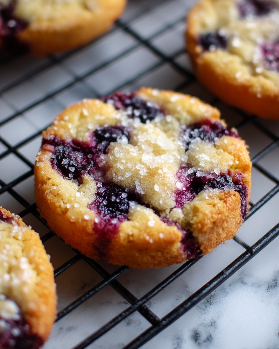 A close-up view of a round cookie with a slightly rough texture, showing a golden brown edge and a lighter center mixed with dark purple-blue spots from berries inside. The cookie is topped with a light sprinkle of sugar crystals, giving it a sparkling effect. It rests on a black wire cooling rack which sits on a white marbled surface. photo taken with an iphone --ar 4:5 --v 7
