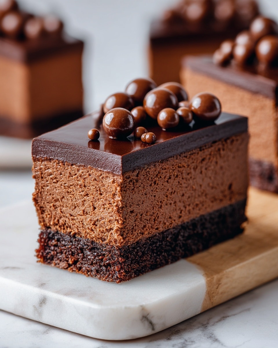 The image shows a close-up of a thick slice of chocolate dessert resting on a wooden board on a white marbled surface. The dessert has three visible layers: the bottom layer is dark and crumbly, resembling a cookie or brownie crust; the middle layer is thick and dense with a rich chocolate brown color and a slightly fluffy texture; the top layer is a smooth, glossy chocolate ganache spread evenly, decorated with small round chocolate balls that add texture and detail. The background is blurred but shows more of the same chocolate dessert, emphasizing the rich, dark tones of the treat. Photo taken with an iphone --ar 4:5 --v 7
