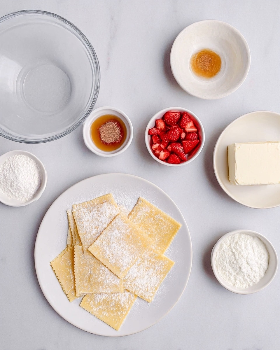 The image shows several small white bowls and plates placed on a white marbled surface. In the center bottom, there is a white plate holding several square sheets of light yellow pasta, lightly dusted with white flour. To the right side, a white plate has a small block of cream cheese with a smooth texture. Surrounding these are small white bowls with different ingredients: one has chopped red strawberries, another has white granulated sugar, a third contains a small amount of a golden brown liquid, a fourth bowl holds white powdered sugar, and the fifth bowl contains a thick white cream. A clear empty glass bowl is also visible near the center left. photo taken with an iphone --ar 4:5 --v 7