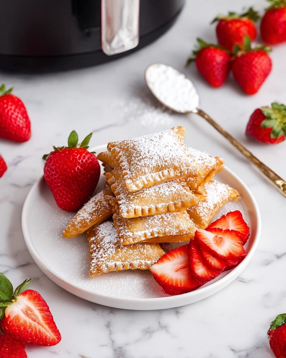 A white plate holds a stack of golden-brown fried pastry squares with crimped edges, lightly dusted with powdered sugar. The plate also features a whole bright red strawberry and a small fan of thin strawberry slices on the side. The plate sits on a white marbled surface with several fresh strawberries scattered around, and a spoon with powdered sugar resting nearby. Photo taken with an iphone --ar 4:5 --v 7
