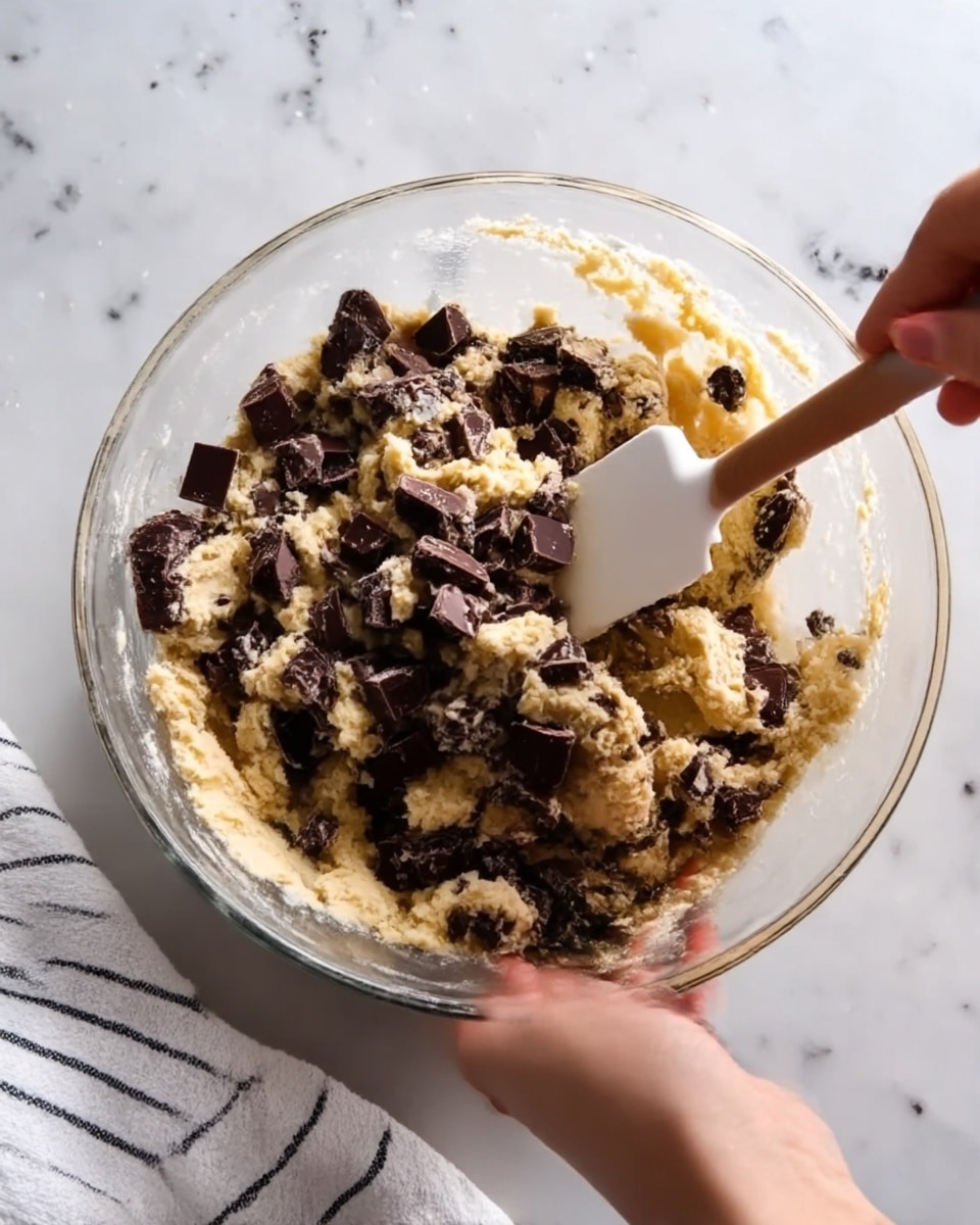 A clear glass bowl shows a thick, beige dough mixed with many dark brown chocolate chunks on top and inside. A woman's hand holds the bowl steady from the bottom while another woman's hand uses a white spatula to stir the dough and chocolate pieces together. The bowl sits on a white marbled surface with a white cloth with black stripes nearby. The focus is close up on the bowl and mixing action, showing texture of both dough and chocolate pieces clearly. photo taken with an iphone --ar 4:5 --v 7