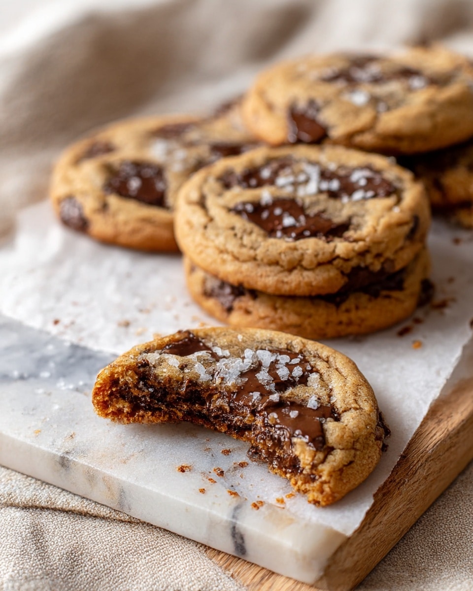 The image shows a close-up of round cookies stacked on a white marbled surface. The cookies have a soft, slightly crispy texture with a golden-brown color. Large, dark chocolate chunks are embedded throughout each cookie, melting slightly on top. One cookie is broken in half, revealing a chewy inside with melted chocolate. Coarse sea salt is sprinkled lightly over the cookies, adding a touch of white contrast. The cookies are placed on white parchment paper over a wooden board, with a beige and gray striped cloth nearby. Photo taken with an iphone --ar 4:5 --v 7