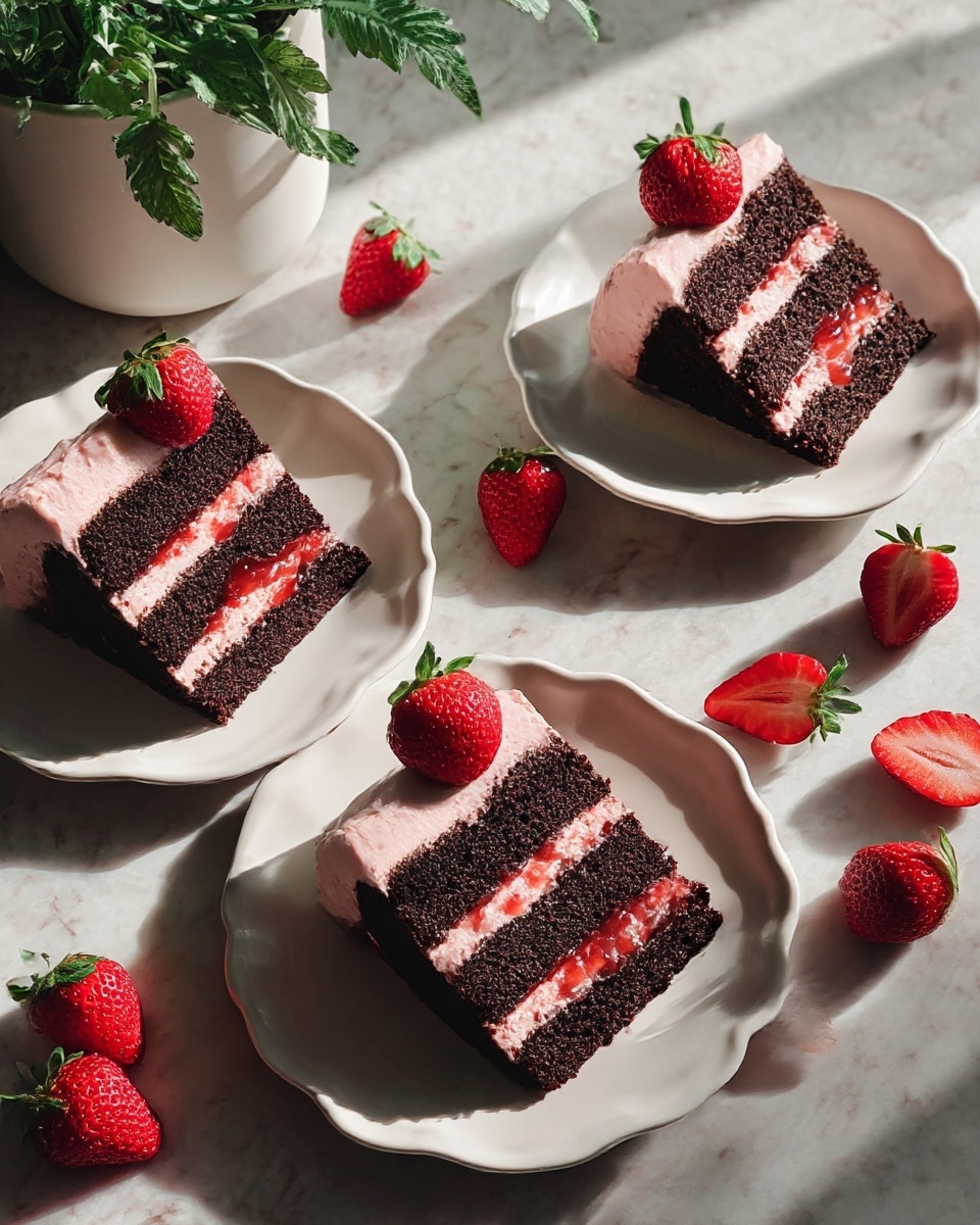 The image shows three slices of chocolate cake on white plates with wavy edges, placed on a white marbled surface. Each slice has three thick dark brown layers of chocolate cake, separated by two layers of bright red strawberry jam. The outside is covered with a light pink creamy frosting, and each slice is topped with a fresh whole red strawberry with green leaves. Around the plates, there are several whole and halved fresh strawberries, and a green-leafed plant is partially visible in a white pot in the top left corner. The lighting creates soft shadows, highlighting the texture of the cake and strawberries. Photo taken with an iphone --ar 4:5 --v 7