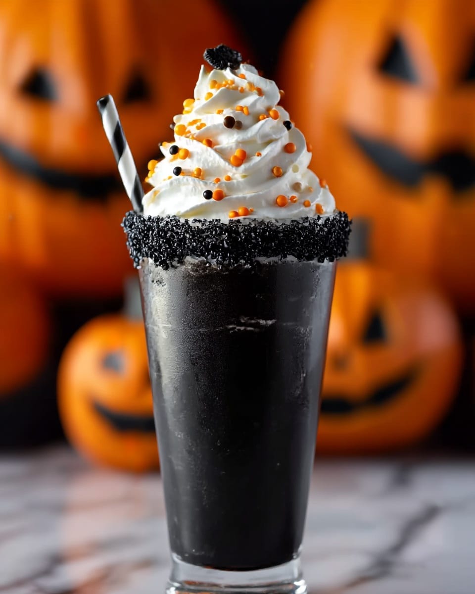 A tall black glass filled with a dark drink, topped with a high swirl of white whipped cream sprinkled with small orange and black round sprinkles, with a single small black piece on top. The rim of the glass is coated with a thick layer of black sugar crystals. A black and white striped straw is placed on the left side of the glass. The background is blurred with orange pumpkins having carved faces. The surface is white marbled texture. Photo taken with an iphone --ar 4:5 --v 7