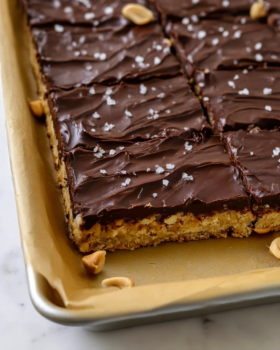 A square tray lined with light brown parchment paper holds a thick dessert bar with two visible layers. The bottom layer is golden, slightly rough with some nut pieces peeking out. The top layer is a thick, dark chocolate spread with a shiny and slightly wavy texture, sprinkled with coarse white salt flakes. Some peanuts are visible around the edges on the parchment. The whole tray is set on a white marbled surface. photo taken with an iphone --ar 4:5 --v 7