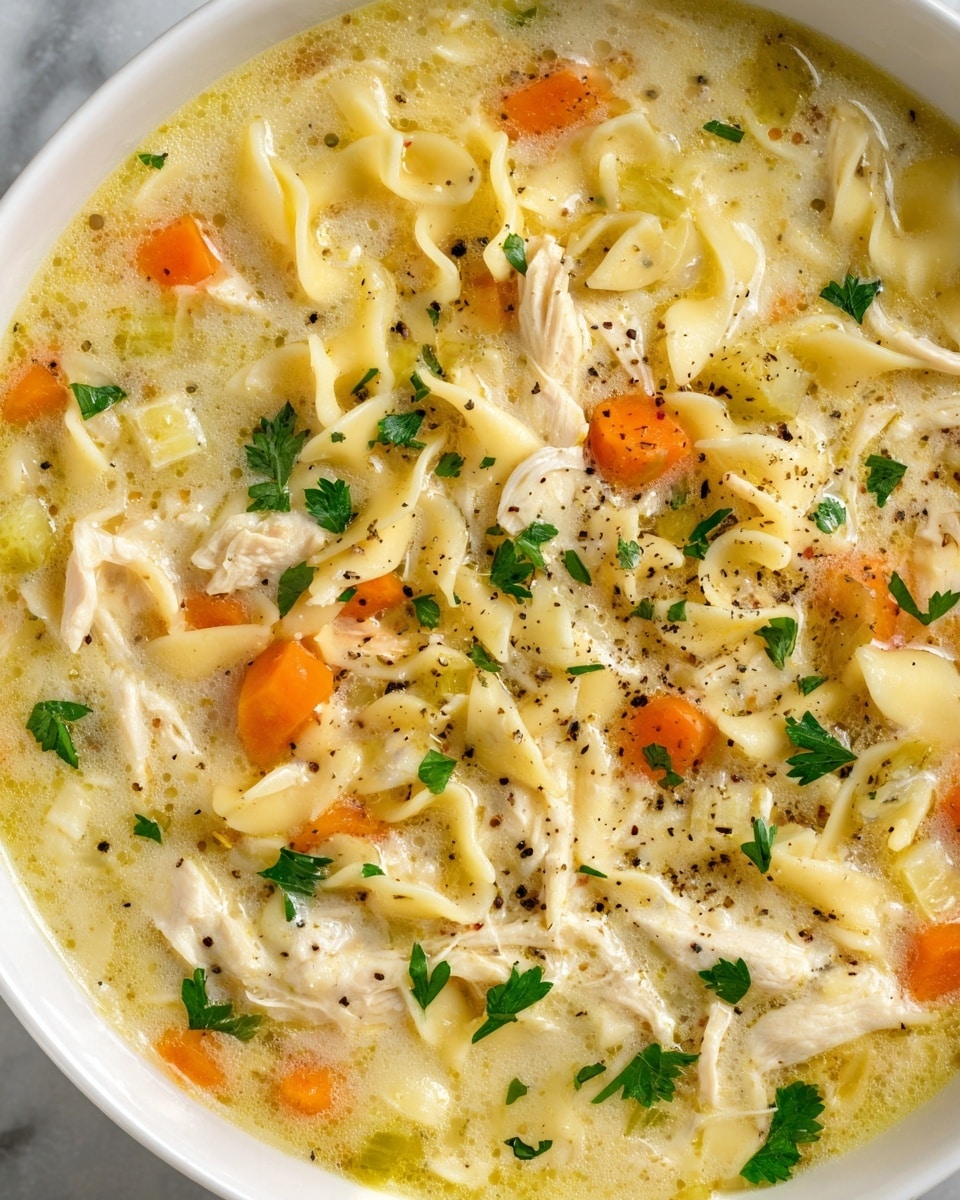 A close-up view of a bowl filled with creamy chicken noodle soup featuring roughly three main layers: the bottom layer is a pale yellow creamy broth with a slightly thick texture, the middle layer includes small pieces of shredded white chicken and soft, pale yellow egg noodles folded irregularly, and the top layer has diced orange carrots, translucent chopped onions, and bright green parsley leaves scattered across, with a sprinkle of black pepper over the surface. The bowl is white, sitting on a white marbled surface, enhancing the warm, comforting appearance of the soup. photo taken with an iphone --ar 4:5 --v 7