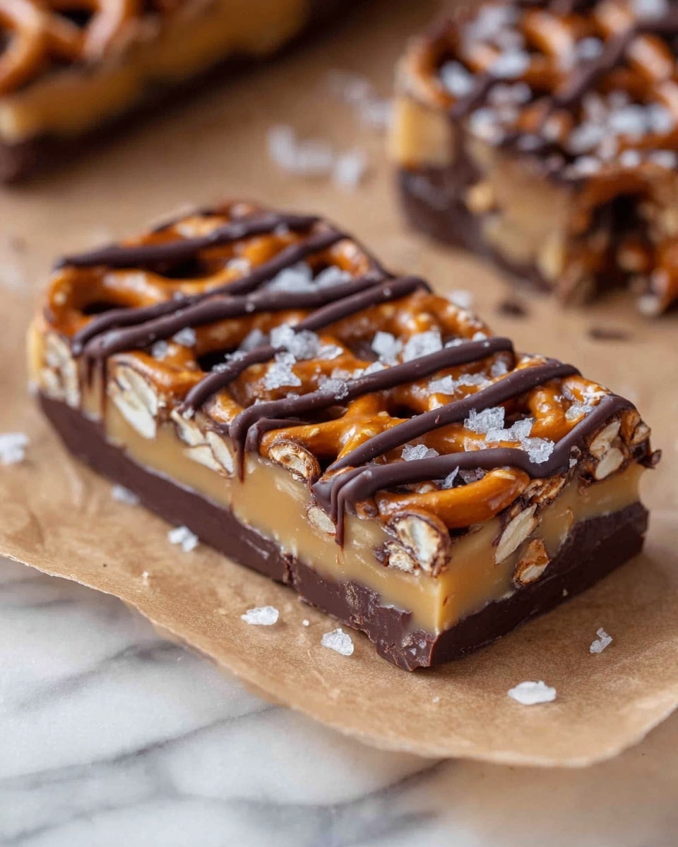 A rectangular snack bar with three visible layers is shown on a light brown baking paper. The bottom layer is a dark chocolate, smooth and solid base. The middle layer is a creamy caramel color, thick and slightly shiny with embedded pieces of pretzels. The top layer has roughly woven pretzels covered with thin drizzles of dark chocolate running across the width, and sprinkled with white coarse sea salt flakes scattered on the surface. The background is a white marbled texture. photo taken with an iphone --ar 4:5 --v 7