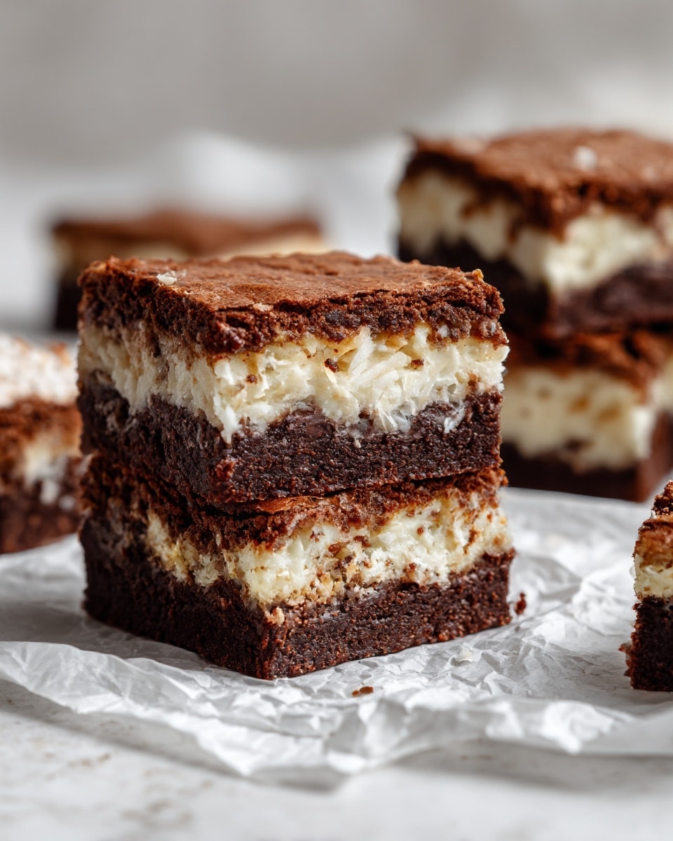 The image shows square brownies with three visible layers placed on crumpled white paper over a white marbled surface. The bottom and top layers are thick, dark brown with a cracked, slightly rough texture typical of baked brownies. The middle layer is creamy white, textured with shredded pieces that look like coconut, adding a soft contrast to the dark layers. The pieces are cut evenly, revealing the distinct layers that make the dessert visually appealing. The focus is on the front brownie square, with others slightly blurred in the background, showing a close-up, detailed view of the textures. Photo taken with an iphone --ar 4:5 --v 7