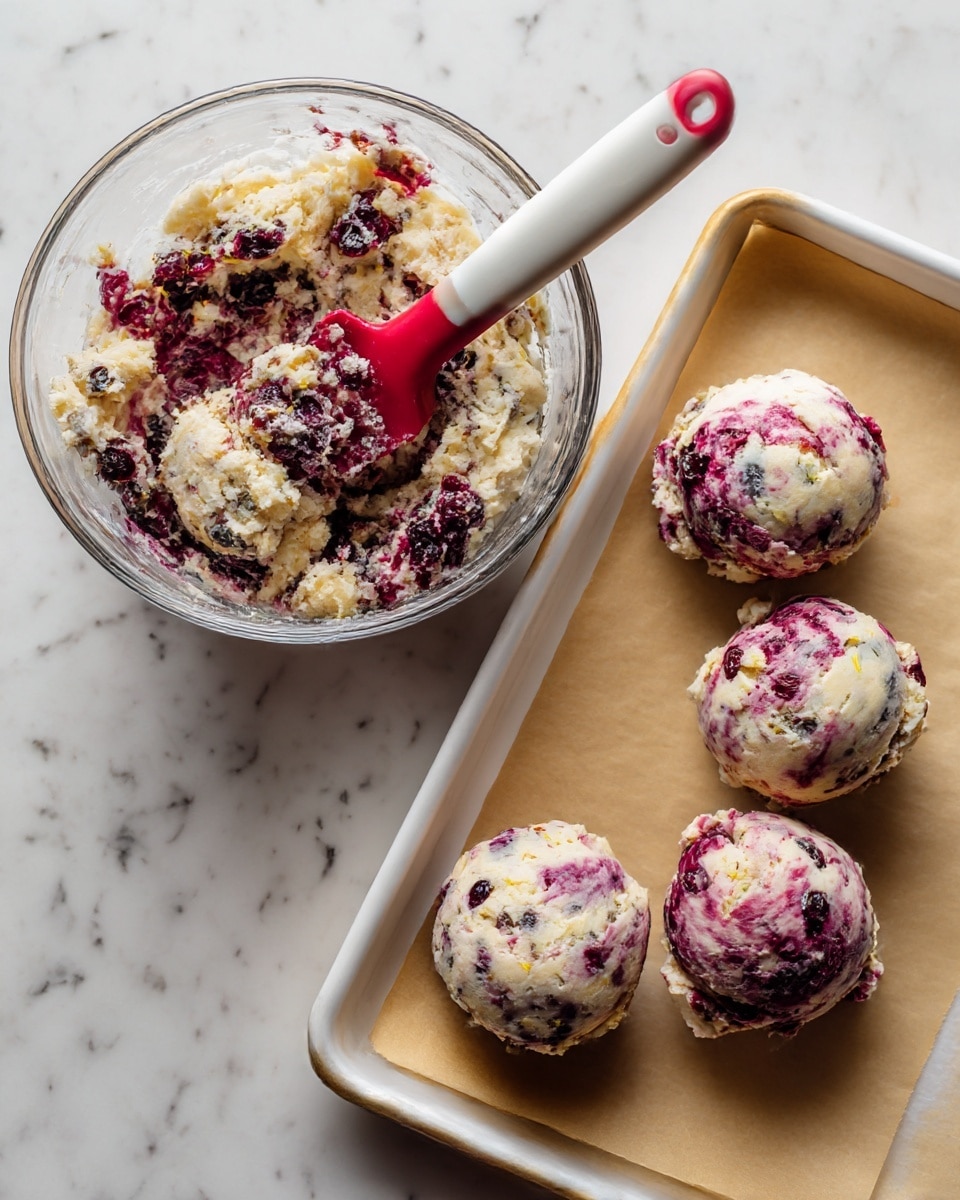 The image shows two parts. On the left, there is a transparent glass bowl with a red and white spatula inside, holding a mixed dough with visible dark purple and reddish berries, cream-colored dough, and bits of yellow zest. The dough looks thick and chunky with a rough texture. On the right, there is a white baking tray lined with light brown parchment paper, holding four round scoops of the same dough, each scoop showing marbled colors of cream, purple, and red from the berries with a smooth, slightly crumbly surface. The background is a white marbled texture. photo taken with an iphone --ar 4:5 --v 7