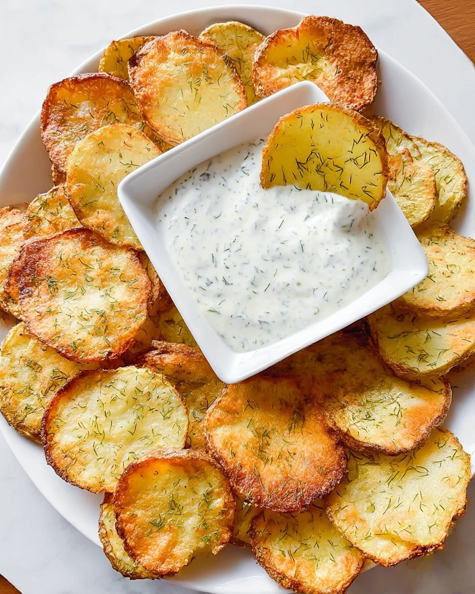 The image shows a white plate full of round, crispy potato slices with a golden-brown edge and a light yellow center sprinkled with green herbs, likely dill. In the middle of the plate is a small white square bowl filled with a creamy white sauce speckled with herbs. One potato slice is dipped halfway into the sauce, showing the contrast between the crispy texture of the potato and the smooth, thick sauce. The plate sits on a white marbled surface. photo taken with an iphone --ar 4:5 --v 7