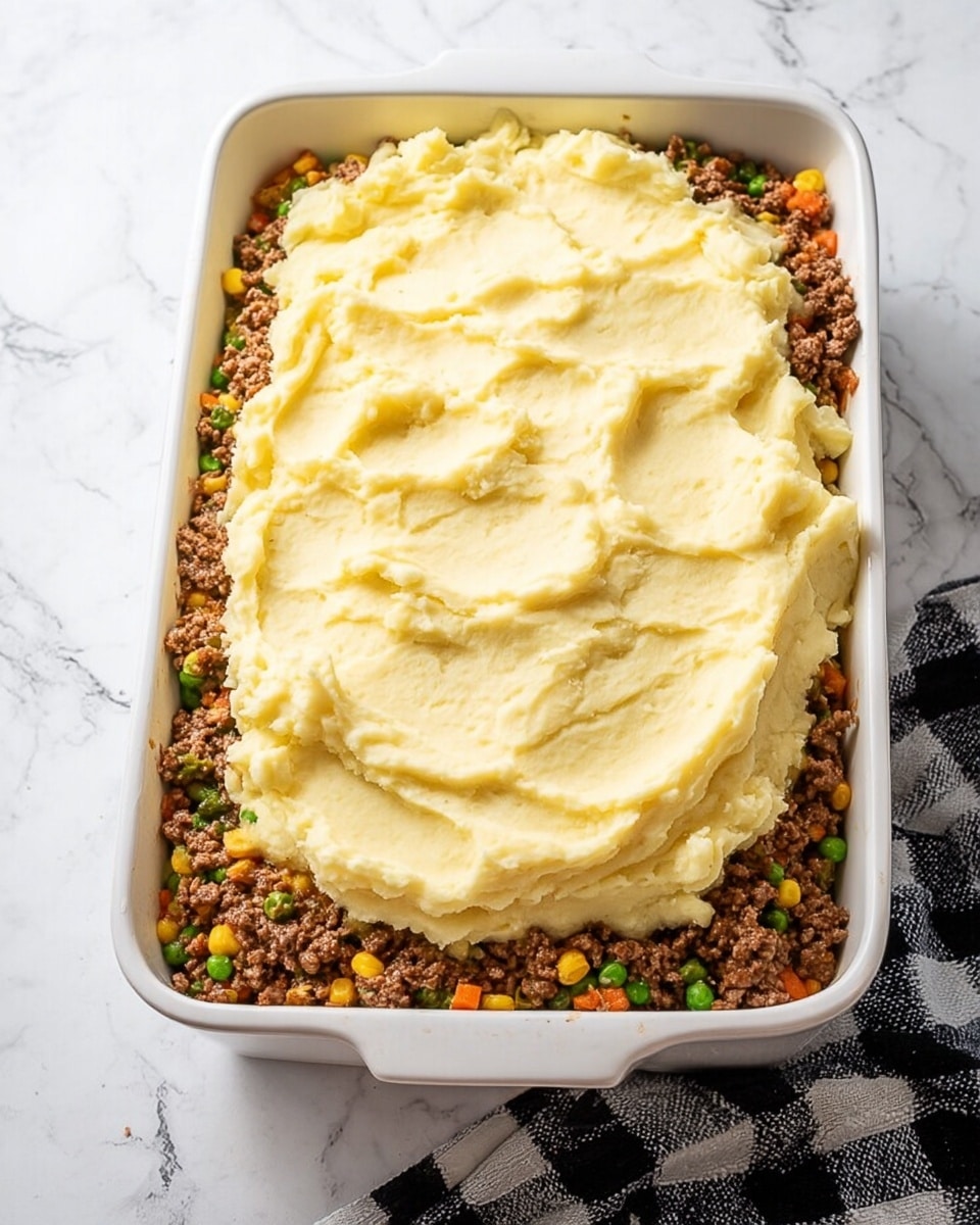 The image shows a white rectangular baking dish filled with two clear layers of food. The bottom layer is a mix of cooked ground meat and diced vegetables, including peas, corn, carrots, and onions, with a brown, slightly chunky texture. The top layer is a thick, creamy, pale yellow mash spread over the meat and vegetable layer but only partially covering it, giving a sense of softness and smoothness. The dish sits on a white marbled surface with a black and white checkered cloth placed beside it. Photo taken with an iphone --ar 4:5 --v 7